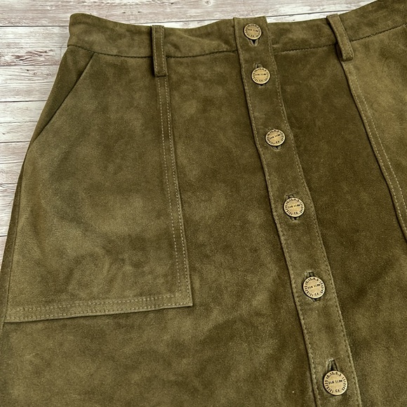 Current/Elliott The Leather Suede Button Front Naval Skirt in Olive Green - Picture 5 of 12